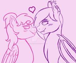 Size: 1280x1067 | Tagged: safe, artist:cherrycandi, oc, oc:bea, oc:candy care, bat pony, pegasus, pony, bat wings, deviantart watermark, duo, ear piercing, fangs, female, floating heart, folded wings, heart, lesbian, looking at each other, looking at someone, makeup, obtrusive watermark, piercing, simple background, watermark, wings