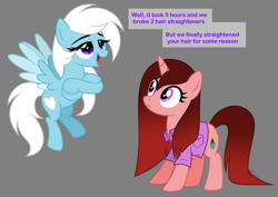 Size: 5500x3900 | Tagged: safe, artist:feather_bloom, oc, oc:feather bloom(fb), oc:feather_bloom, oc:paige scribble(kaitykat), pegasus, pony, unicorn, alternate hairstyle, clothes, duo, flying, shirt, straight hair, transgender