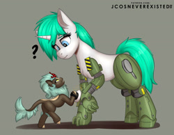Size: 4093x3169 | Tagged: safe, artist:jcosneverexisted, oc, oc only, oc:grease pan, oc:wind, cyborg, kirin, pony, unicorn, cybernetic legs, duo, female, looking at each other, looking at someone, mare, polishing, question mark, size difference