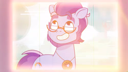 Size: 3410x1920 | Tagged: safe, screencap, argyle starshine, earth pony, pony, g5, my little pony: tell your tale, starscout code, spoiler:g5, spoiler:my little pony: tell your tale, spoiler:tyts01e24, glasses, grin, high res, male, smiling, solo, stallion, youtube link