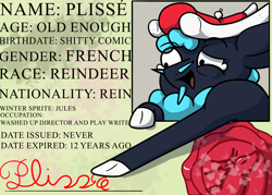 Size: 2100x1500 | Tagged: safe, artist:hemlock conium, oc, oc only, oc:plisse, deer, reindeer, them's fightin' herds, antlers, community related, french, id card, joke oc, license, male, reindeer antlers, reindeer oc, simple shading, solo, tfh oc, them's fightin' herds oc