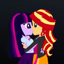 Size: 717x717 | Tagged: safe, artist:sunriseshimmer1275, sunset shimmer, twilight sparkle, human, equestria girls, g4, black background, duo, duo female, female, hug, jpg, kiss on the lips, kissing, lesbian, ship:sunsetsparkle, shipping, simple background