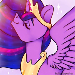 Size: 1280x1280 | Tagged: safe, artist:saltytangerine, twilight sparkle, alicorn, pony, g4, the last problem, crown, eyebrows, eyes closed, flowing mane, jewelry, lidded eyes, necklace, older, older twilight, older twilight sparkle (alicorn), peytral, princess twilight 2.0, purple background, regalia, simple background, smiling, solo, sparkles, spread wings, twilight sparkle (alicorn), wings
