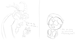 Size: 1227x683 | Tagged: safe, artist:realgero, discord, jasmine leaf, draconequus, earth pony, pony, discordant harmony, g4, 2 panel comic, comic, fire, grayscale, monochrome