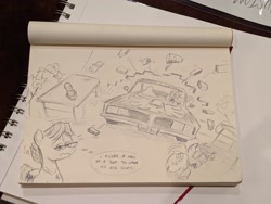 Size: 2048x1536 | Tagged: safe, artist:mellodillo, fluttershy, scootaloo, pegasus, pony, g4, cactus, car, clothes, crash, female, filly, foal, glasses, male, mare, monochrome, pencil drawing, red shirt, shirt, sketch, stallion, star trek, thought bubble, traditional art