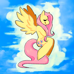 Size: 850x850 | Tagged: safe, artist:cyberdaydream, fluttershy, pegasus, pony, semi-anthro, g4, eyes closed, sky background, solo