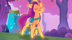 Size: 3410x1920 | Tagged: safe, screencap, sunny starscout, earth pony, pony, g5, my little pony: tell your tale, starscout code, spoiler:g5, spoiler:my little pony: tell your tale, spoiler:tyts01e24, eyes closed, female, high res, mane stripe sunny, mare, solo, transformation, transformation sequence, youtube link