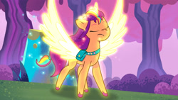 Size: 3410x1920 | Tagged: safe, screencap, sunny starscout, alicorn, pony, g5, my little pony: tell your tale, starscout code, spoiler:g5, spoiler:my little pony: tell your tale, spoiler:tyts01e24, artificial horn, artificial wings, augmented, eyes closed, female, high res, horn, magic, magic horn, magic wings, mane stripe sunny, mare, race swap, solo, spread wings, sunnycorn, transformation, transformation sequence, wings, youtube link