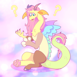 Size: 900x900 | Tagged: safe, artist:cyberdaydream, fluttershy, draconequus, g4, abstract background, confused, draconequified, female, flutterequus, mismatched horns, mismatched wings, open mouth, paw pads, question mark, solo, species swap, wings
