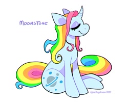 Size: 850x700 | Tagged: safe, artist:cyberdaydream, moonstone, pony, unicorn, g1, eyes closed, multicolored hair, rainbow hair, rainbow tail, simple background, solo, tail, white background