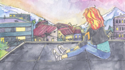 Size: 1476x830 | Tagged: safe, artist:somescallywag, sunset shimmer, human, equestria girls, g4, cropped, looking away, mountain, power line, rooftop, sitting, solo, traditional art, watercolor painting