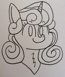 Size: 2602x3088 | Tagged: safe, artist:spoopygirl, princess flurry heart, alicorn, pony, g4, black and white, bust, eyebrows, eyebrows visible through hair, female, grayscale, high res, lineart, mare, monochrome, older, older flurry heart, smiling, solo, traditional art