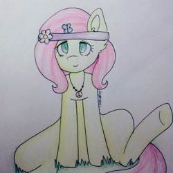 Size: 1024x1024 | Tagged: safe, artist:misocosmis, fluttershy, pony, g4, 2013, female, hippie, hippieshy, mare, old art, peace symbol, pencil drawing, solo, traditional art