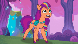 Size: 800x450 | Tagged: safe, screencap, sunny starscout, alicorn, earth pony, pony, g5, my little pony: tell your tale, starscout code, spoiler:g5, spoiler:my little pony: tell your tale, spoiler:tyts01e24, abstract background, animated, artificial horn, artificial wings, augmented, crystal, female, flying, glowing, glowing horn, glowing wings, horn, magic, magic glow, magic horn, magic wings, mane stripe sunny, mare, race swap, solo, speed lines, sunnycorn, transformation, wings, youtube link