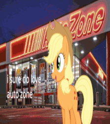 Size: 362x406 | Tagged: safe, ai assisted, ai content, artist:lux mare, fifteen.ai, applejack, earth pony, pony, g4, animated, autozone, food, mcdonald's, needs more jpeg, solo, sweet apple acres, webm