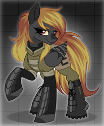 Size: 1428x1735 | Tagged: safe, artist:kannakiller, oc, oc only, oc:black phoenix, pegasus, pony, fallout equestria, armor, boots, clothes, digital art, enclave, female, full body, grand pegasus enclave, hooves, looking at you, mare, pants, pegasus oc, plate, raised hoof, shoes, solo, tail, wings
