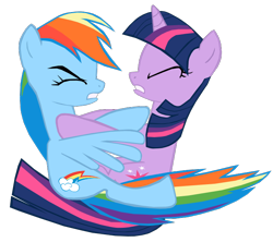 Size: 724x642 | Tagged: safe, artist:benpictures1, rainbow dash, twilight sparkle, pegasus, pony, unicorn, a dog and pony show, g4, crashing, cute, dashabetes, duo, duo female, eyes closed, female, inkscape, simple background, teeth, transparent background, twiabetes, unicorn twilight, vector