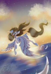 Size: 1975x2874 | Tagged: safe, artist:thelazyponyy, oc, oc only, pegasus, pony, cloud, feather, flying, looking back, night, outdoors, pegasus oc, solo, stars