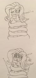 Size: 1392x3035 | Tagged: safe, artist:lunahazacookie, fluttershy, human, snake, equestria girls, g4, bust, coils, constriction, female, lineart, sketch, squeeze, squeezing, traditional art