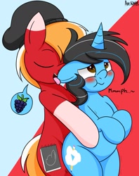 Size: 1573x1983 | Tagged: safe, artist:an-tonio, oc, oc only, oc:cold dream, oc:gray sketch, earth pony, pony, unicorn, 2019, beanie, blushing, coat markings, duo, duo male, ear licking, eyebrows, eyes closed, floppy ears, gay, hat, horn, licking, male, old art, open mouth, open smile, signature, smiling, socks (coat markings), stallion, tongue out