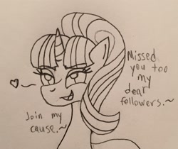 Size: 1898x1594 | Tagged: safe, artist:lunahazacookie, starlight glimmer, pony, unicorn, g4, bedroom eyes, bust, eyelashes, female, heart, lineart, mare, s5 starlight, solo, talking, traditional art