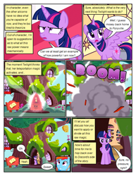 Size: 612x792 | Tagged: safe, artist:newbiespud, edit, edited screencap, screencap, rainbow dash, twilight sparkle, alicorn, pegasus, pony, comic:friendship is dragons, g4, twilight's kingdom, comic, dialogue, explosion, female, golden oaks library, mare, onomatopoeia, outdoors, twilight sparkle (alicorn), unamused