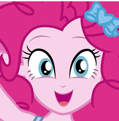 Size: 1480x1504 | Tagged: safe, artist:milkyboo898, screencap, pinkie pie, human, equestria girls, g4, bow, close-up, cropped, female, hair bow, happy, looking at you, smiling, smiling at you, solo