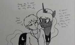 Size: 2048x1238 | Tagged: safe, artist:pony quarantine, princess luna, alicorn, human, pony, g4, dialogue, duo, duo female, female, freckles, grayscale, interspecies, lesbian, mare, monochrome, shipping, traditional art