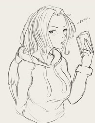Size: 2418x3120 | Tagged: safe, artist:miokomata, oc, oc only, oc:mio, human, clothes, eating, female, food, gray background, grayscale, high res, hoodie, humanized, humanized oc, looking at you, monochrome, poptart, simple background, sketch, solo, winged humanization, wings