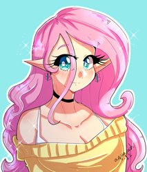 Size: 1800x2110 | Tagged: safe, artist:mylittleyuri, fluttershy, human, g4, blue background, bra, bra strap, breasts, bust, busty fluttershy, choker, chokershy, cleavage, clothes, elf ears, humanized, outline, portrait, simple background, smiling, solo, underwear, white outline