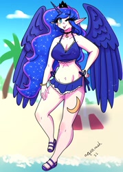 Size: 1750x2450 | Tagged: safe, artist:mylittleyuri, princess luna, human, g4, ;p, beach, belly button, bikini, breasts, busty princess luna, clothes, elf ears, female, horn, horned humanization, humanized, looking at you, one eye closed, sandals, smiling, smiling at you, solo, swimsuit, tongue out, winged humanization, wings, wink, winking at you