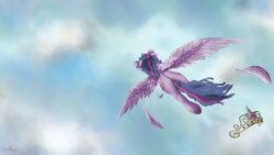 Size: 2560x1440 | Tagged: safe, artist:uberponya, twilight sparkle, alicorn, pony, g4, big crown thingy, cloud, crown, element of magic, feather, flying, heart, hoof heart, horn, jewelry, regalia, simple background, sky, solo, twilight sparkle (alicorn), underhoof, wings