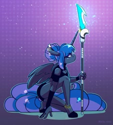 Size: 1640x1814 | Tagged: safe, artist:lrusu, princess luna, alicorn, anthro, unguligrade anthro, g4, alternate hairstyle, boob window, clothes, dock, fingerless gloves, glaive, gloves, long gloves, midriff, solo, staff, tail