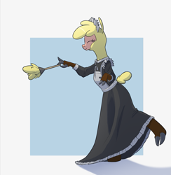 Size: 1467x1504 | Tagged: safe, artist:hitsuji, paprika (tfh), anthro, unguligrade anthro, them's fightin' herds, abstract background, clothes, cloven hooves, community related, costume, duster, eyes closed, maid, simple background, solo