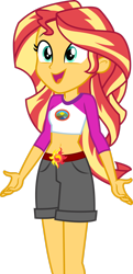 Size: 1280x2648 | Tagged: safe, alternate version, artist:cloudy glow, edit, vector edit, sunset shimmer, human, equestria girls, g4, legend of everfree, .ai available, belly button, camp everfree outfits, clothes, cute, denim, denim shorts, embrace the magic, female, happy, legs, long hair, midriff, open mouth, shimmerbetes, shorts, simple background, smiling, solo, standing, teenager, transparent background, turquoise eyes, two toned hair, vector, yellow skin