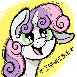 Size: 2718x2718 | Tagged: safe, artist:doodledonutart, sweetie belle, pony, unicorn, g4, abstract background, bust, cute, descriptive noise, diasweetes, female, filly, floppy ears, foal, high res, one ear down, open mouth, solo, squeak, squeaky belle