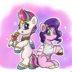 Size: 2048x2048 | Tagged: safe, artist:limitmj, pipp petals, zipp storm, pegasus, pony, g5, adorapipp, adorazipp, chemistry, clothes, colored wings, cute, female, high res, hilarious in hindsight, lab coat, mare, microphone, open mouth, role reversal, royal sisters (g5), siblings, singing, sisters, unshorn fetlocks, wings