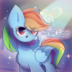 Size: 2350x2350 | Tagged: safe, artist:miryelis, rainbow dash, pegasus, pony, g4, 20% cooler, commission, dialogue, eye clipping through hair, grammar error, high res, looking at you, multicolored hair, rainbow hair, simple background, smiling, smiling at you, solo, sparkles, text, wings