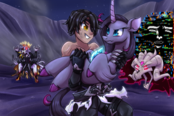 Size: 1800x1200 | Tagged: safe, artist:thescornfulreptilian, fhtng th§ ¿nsp§kbl, oleander (tfh), classical hippogriff, hippogriff, human, pony, them's fightin' herds, community related, error, fanfic art, glitch, holding a pony