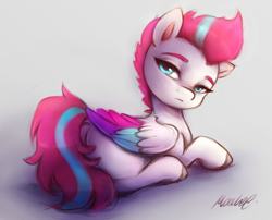 Size: 2463x1989 | Tagged: safe, artist:buttersprinkle, zipp storm, pegasus, pony, g5, adorazipp, butt, cute, dock, female, frown, high res, lidded eyes, looking at you, looking back, looking back at you, lying, mare, plot, prone, signature, simple background, sitting, solo, tail, zippbutt