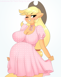 Size: 2364x3000 | Tagged: safe, artist:xjenn9, applejack, earth pony, anthro, g4, applejack's hat, blushing, breasts, busty applejack, cleavage, clothes, cowboy hat, cute, dress, female, freckles, hat, high res, jackabetes, one eye closed, preggo jack, pregnant, smiling, solo, ych example, your character here