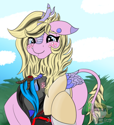 Size: 1000x1100 | Tagged: safe, artist:gray star, oc, oc only, oc:heccin pepperino, oc:perri, kirin, armor, blonde, blue eyes, blushing, chest fluff, cuddling, dungeons and dragons, fantasy class, female, knight, mare, muscles, paladin, pen and paper rpg, rpg, scales, simple background, size difference, smiling, solo, warrior