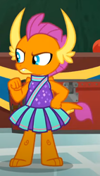 Size: 370x650 | Tagged: safe, screencap, smolder, dragon, 2 4 6 greaaat, g4, angry, cheerleader, cheerleader outfit, cheerleader smolder, clothes, cropped, dragoness, female, hand on hip, solo
