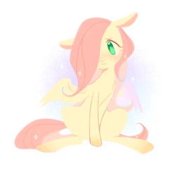 Size: 750x750 | Tagged: safe, artist:dreamsugar, fluttershy, pegasus, pony, g4, abstract background, female, hair over one eye, mare, simple background, sitting, solo, sparkles, spread wings, white background, wings