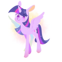 Size: 750x750 | Tagged: safe, artist:dreamsugar, twilight sparkle, alicorn, pony, g4, abstract background, eye clipping through hair, female, horn, mare, simple background, solo, sparkles, spread wings, twilight sparkle (alicorn), white background, wings