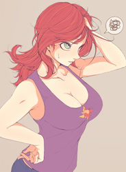 Size: 628x855 | Tagged: safe, artist:doktor-d, sunset shimmer, human, equestria girls, bare shoulders, breasts, busty sunset shimmer, cleavage, clothes, cutie mark on clothes, female, hand on hip, messy hair, simple background, sleeveless, solo, speech bubble, tanktop, thinking