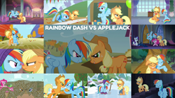 Size: 1968x1108 | Tagged: safe, edit, edited screencap, editor:quoterific, screencap, applejack, gummy, pinkie pie, rainbow dash, rarity, alligator, bee, earth pony, insect, pegasus, pony, unicorn, castle mane-ia, fall weather friends, g4, non-compete clause, season 1, season 4, season 8, the ticket master, triple pony dare ya, angry, applejack's hat, balloon, clothes, cowboy hat, duo, duo female, eyes closed, female, floppy ears, flying, glowing, glowing horn, hat, hoofwrestle, horn, magic, magic aura, mare, open mouth, running, school of friendship, trio, trio female, voice actor joke, winter outfit