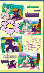 Size: 1920x3168 | Tagged: safe, artist:alexdti, oc, oc:purple creativity, oc:star logic, pegasus, pony, unicorn, comic:quest for friendship, ^^, blushing, comic, crying, dialogue, ears back, eyes closed, female, flower, folded wings, glasses, glowing, glowing horn, grammar error, high res, hoof over mouth, horn, hug, kissing, looking at someone, lying down, magic, male, mare, narrowed eyes, oc x oc, open mouth, open smile, outdoors, pegasus oc, picnic blanket, prone, shipping, smiling, speech bubble, stallion, tears of joy, telekinesis, two toned mane, underhoof, unicorn oc, wall of tags, wings