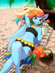 Size: 3016x4000 | Tagged: safe, artist:alcor, rainbow dash, pegasus, anthro, plantigrade anthro, abs, barefoot, basket, beach, belly button, bikini, breasts, clothes, crossed legs, cup, drink, feet, female, flip-flops, footprint, fruit, grin, hammock, herbivore, implied plantigrade anthro, looking at you, lying down, midriff, on back, palm tree, sandals, sexy, small breasts, smiling, smiling at you, solo, stupid sexy rainbow dash, swimsuit, tree
