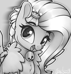 Size: 1130x1165 | Tagged: safe, artist:llametsul, kerfuffle, pegasus, pony, g4, my little pony: rainbow roadtrip, bell, bell collar, black and white, bust, chest fluff, clothes, collar, grayscale, looking at you, monochrome, open mouth, open smile, signature, smiling, solo